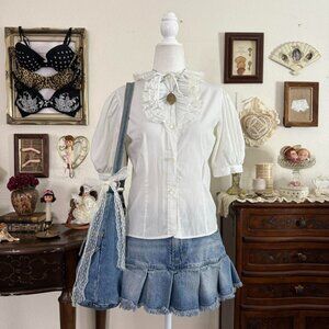 true vintage dainty puff sleeve prairie blouse w lace ruffles
